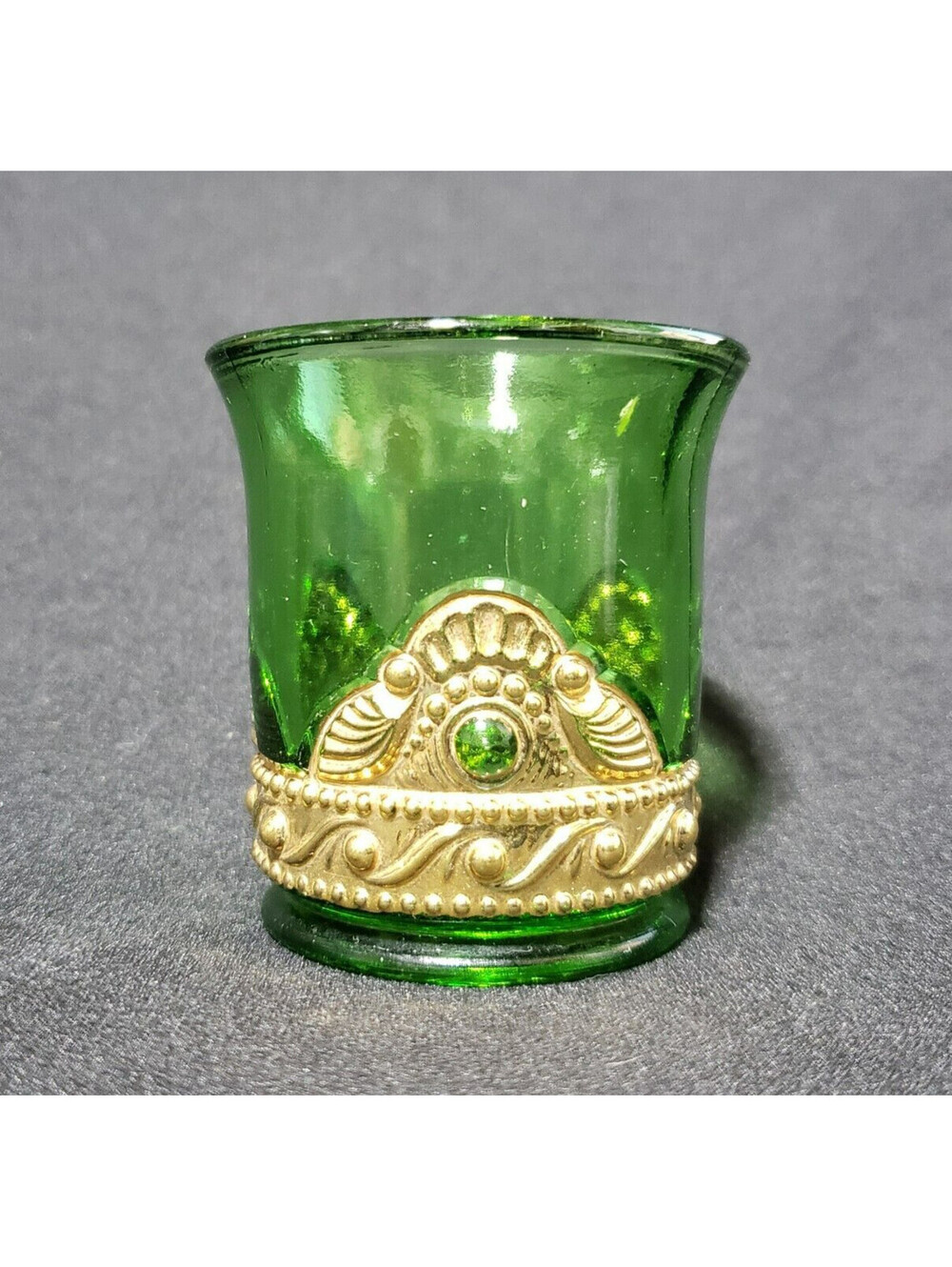 VTG Summit Art Glass Toothpick Holder Emerald Green Lacey Medallion Gold Gilt